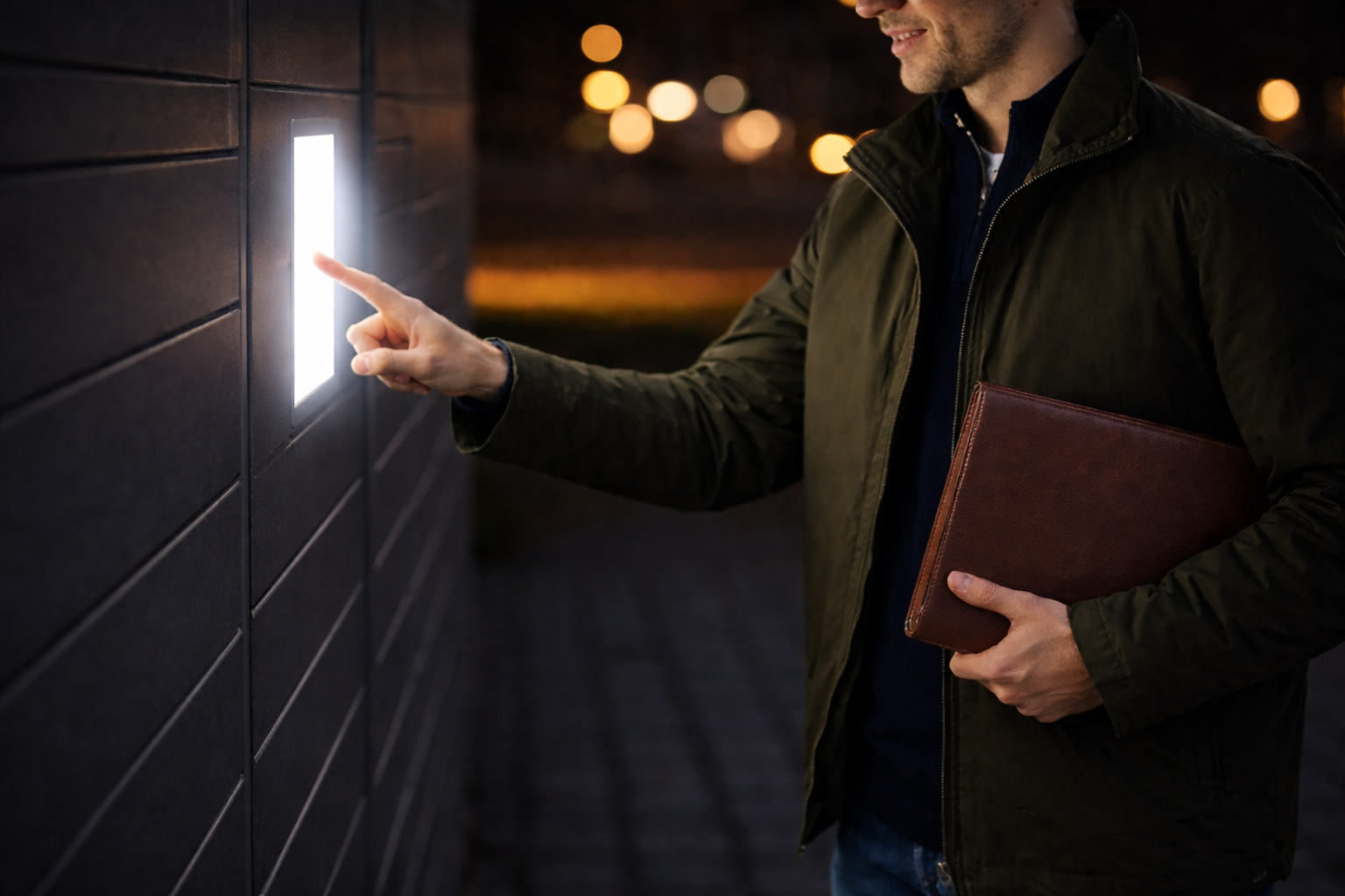 Mężczyzna w kurtce korzysta z urzędomatu nocą, dotykając podświetlonego ekranu automatu i trzymając w ręce skórzaną teczkę z dokumentami.