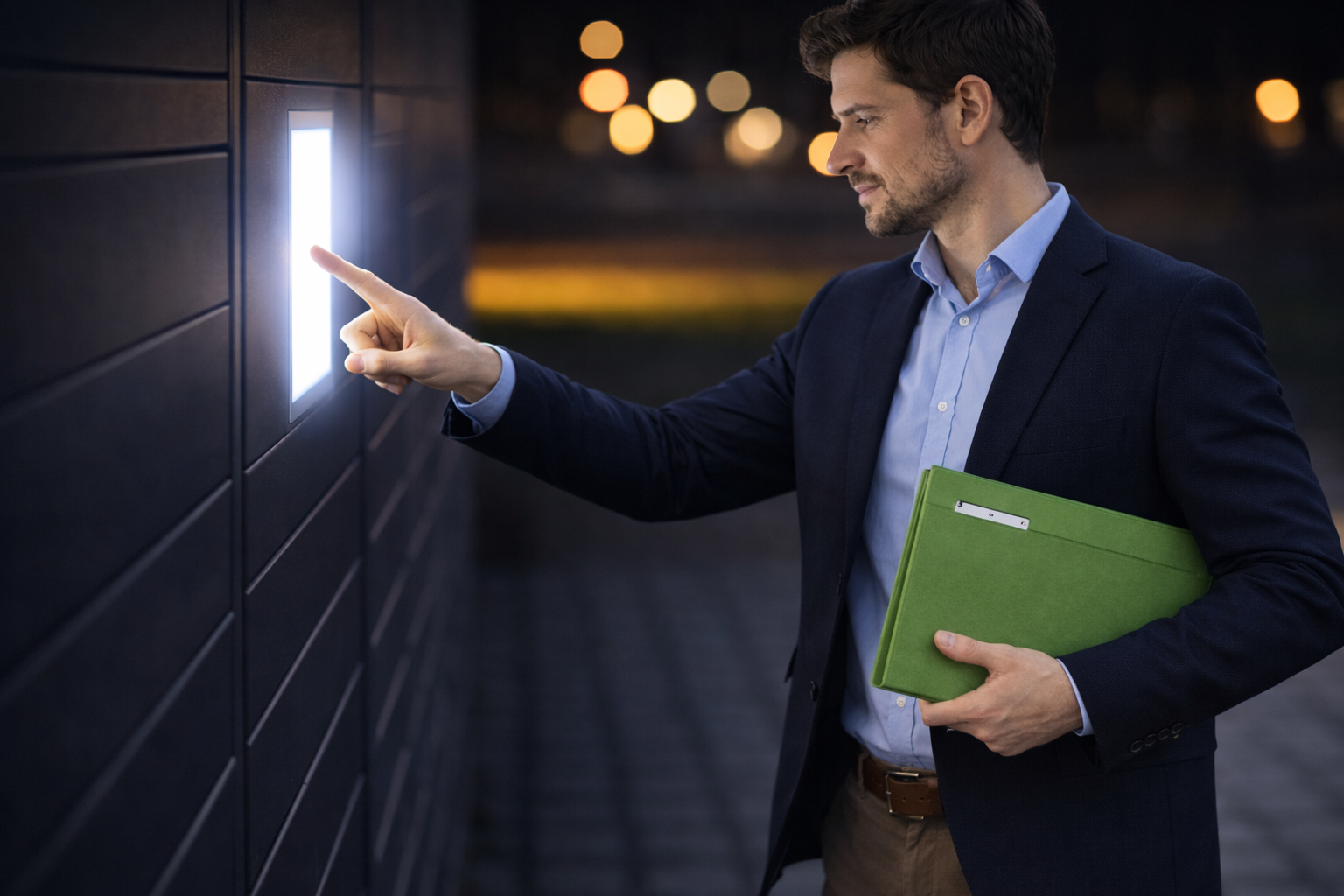 Młody mężczyzna korzysta z urzędomatu nocą, dotykając podświetlonego ekranu i trzymając w ręce zieloną papierową teczkę z dokumentami.